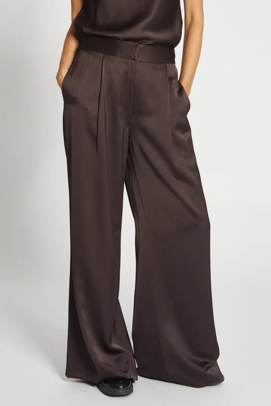 Saintart Neve Wide Leg Pants XS Chestnut Satin Charmeuse Trouser Mid Rise